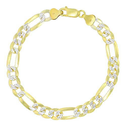 14K Gold or Rhodium Plated Silver Figaro Diamond Cut Pave Chain For Men | 1mm-13mm Thick | Solid 925 Figaro Italian Necklaces For Men - style: 7.50MM- Yellow & White