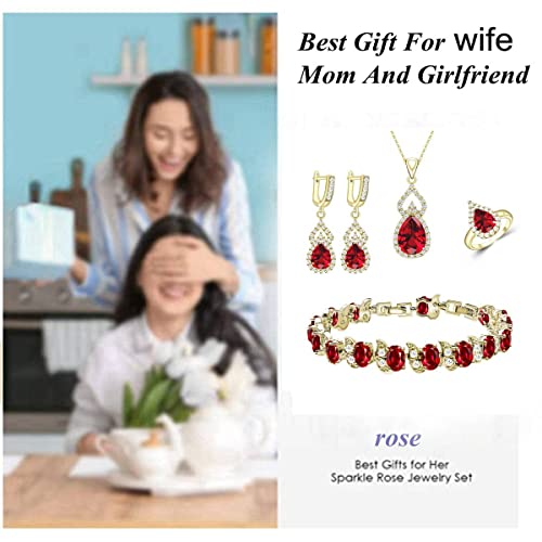 LMXXVJ Women Jewelry Set Platinum Plated Necklace Open Ring Earrings Bracelet Set,Birthday/Anniversary Mother’s Day Jewelry Gifts for Mom/Wife/Sister/Best Friend - color: Yellow Gold-Garnet