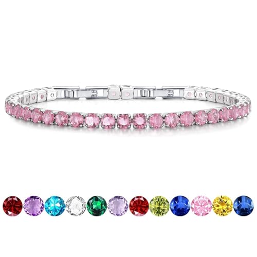 HEEYA Birthstone Silver/Gold Plated Tennis Bracelets, Adjustable 4mm CZ Tennis Bracelets for Women, Fashion Jewelry Wedding Gift Size 6.8 inch+1 inch Extender - color: 10 October Tourmaline