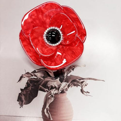 7cm Elegant Poppy Flower Brooch Pin for Women Men Unisex Red Acrylic Crystal Big Floral Corsage Brooches Lapel Pins Dainty Dress Accessories Wedding Memory Day Jewelry Gift Souvenir