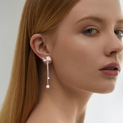 Awinesn Clip on Earrings Dangle Pearl Drop Clip Earrings for Women Trendy Dangle Chain Dainty Flower Wedding Earrings for Brides 14K Gold Plated Statement Non Pierced Earrings for Women Sparkly Jewelry - style: fugu-flower-s