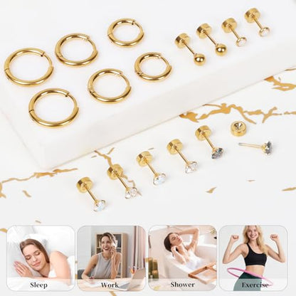 Surgical Steel Earrings for Sensitive Ears Hypoallergenic 20G Stainless Steel Stud Hoop Earrings for Women Men Small Opal Ball CZ Surgical Steel Flat Back Earrings Cartilage Earrings Hoop Stud - color: Gold