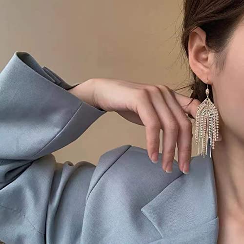 Fringe Dangling Tassel Earrings for Women, Handcrafted Chandelier Long Bohemian Beaded Cubic Zirconia Crystal Imitation Pearls Inlay Statement Boho Chain Hook Earrings for Wedding Party - color: White