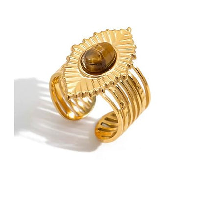 Western Captivating Tiger's Eye Stone Ring,Solitaire 8 * 10mm Oval Cut Gemstone 18K Gold Plated Stack 13mm Wide Ribbed Texture Band Statement Ring for Women - style: Tiger's Eye P