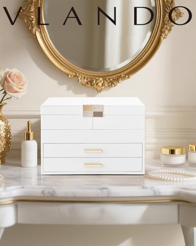 VLANDO Jewelry Box,4-Layer Design with Retractable Tray and 2 Drawers, White - color: D.White, size: 4-Layer