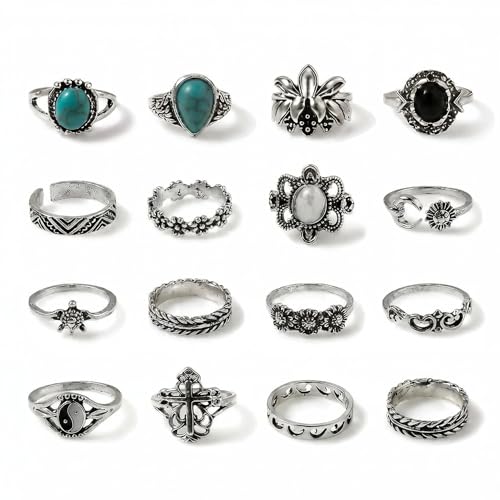 Airvess Vintage Knuckle Rings Set, Chunky Turquoise Stackable Rings, Silver Joint Finger Stacking Rings, Bohemian Western Jewelry for Women - style: 16 Pcs