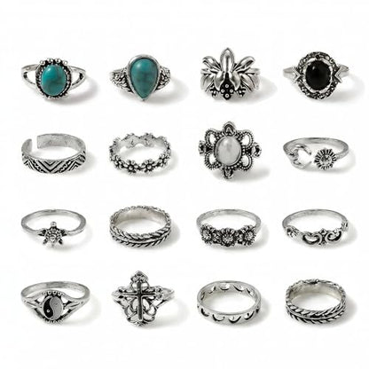 Airvess Vintage Knuckle Rings Set, Chunky Turquoise Stackable Rings, Silver Joint Finger Stacking Rings, Bohemian Western Jewelry for Women - style: 16 Pcs