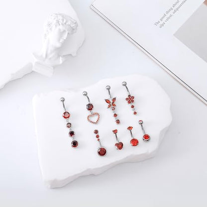 LEE&RO Belly Button Ring Dangle Stainless Steel Belly Rings 14G Belly Button Piercing Cute Navel Ring Belly Piercing Jewelry - style: 8Pcs-Red