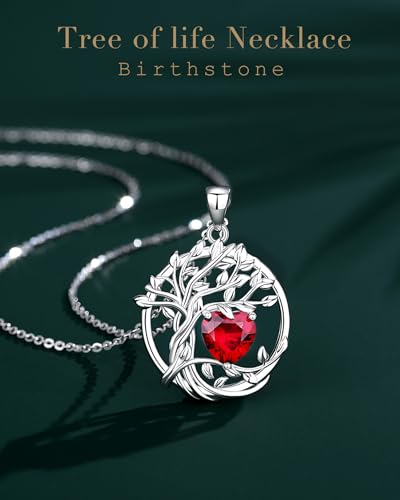 FANCIME Tree of life Birthstone necklace Sterling Silver Pendant Birthstone Necklace Gemstone Anniversary Birthday Jewelry Mothers Day Gifts for Mom Her Wife - color: Jul.-Ruby