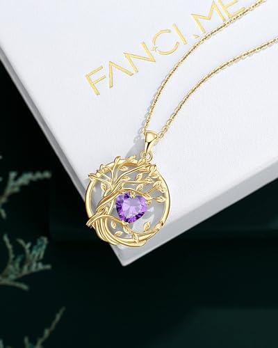 FANCIME Tree of life Birthstone necklace Sterling Silver Pendant Birthstone Necklace Gemstone Anniversary Birthday Jewelry Mothers Day Gifts for Mom Her Wife - color: Yellow gold-2-amethyst