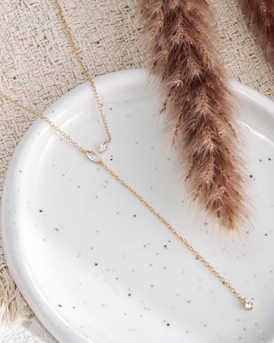 14k Gold Plated Y-Shaped Lariat Necklace for Women Dainty Cubic Zirconia Long Drop Necklace Elegant Jewelry Gifts for Prom Vacation
