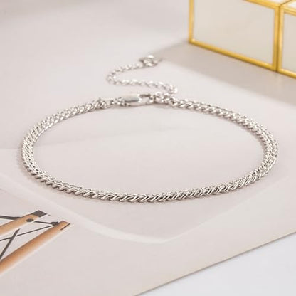 Dankadi 925 Sterling Silver Anklets Bracelet Women/Men Waterproof Simple Durable Chopin Chain/Cuban Link/Figaro/Box/Twist Rope Chain For Beach Foot Jewelry Gift - color: 4MM Cuban Chain, size: 27cm
