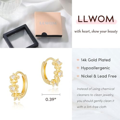 LLWOM Gold Huggie Earrings for Women-14k Gold/Silver/Rose/Black Plated Heart Hoop Earrings Hypoallergenic Lightweight Hoops Gifts - style: Flowers