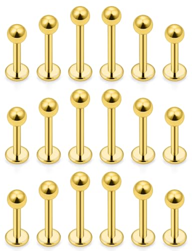 20G 18G 16G 14G 12G Lip Labret Medusa Monroe Rings Studs 316L Surgical Steel Flat Back Tragus Helix Cartilage Earring Stud Piercing Jewelry Bar Length 8mm 10mm 12mm Mix Color 18PCS - color: Gold, size: 18G(1.0mm)-6/7/8mm Bars-3mm Balls
