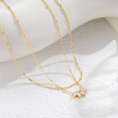 Yoosteel Layered 14K-Gold-Plated Necklace for Women,CZ Necklaces Stack | Dainty Cubic Zirconia Pendant Necklace,Simple Chain Choker Stackable,Trendy Jewelry,Wedding Bridesmaid Gifts - color: Layered Flower CZ