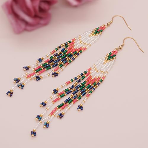 Bohemian Tassel Colorful Beaded Earrings For Women Trendy, Long Fringe Feather Drop Jewelry Handmade Gifts. - color: color1