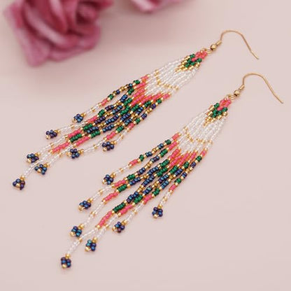 Bohemian Tassel Colorful Beaded Earrings For Women Trendy, Long Fringe Feather Drop Jewelry Handmade Gifts. - color: color1