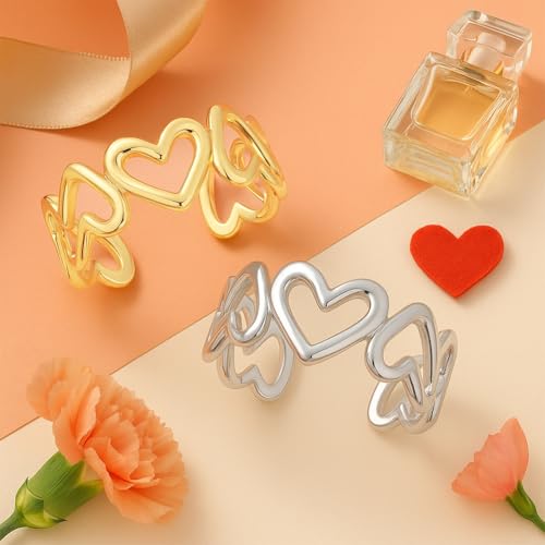 Geometric Heart Band Rings Gold Silver Stainless Steel Geometric Finger Rings with Hollow Circle Square Boho Thumb Open Statement Ring for DIY Women Party Decoration - style: Love