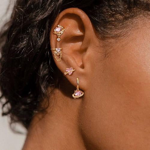 Sterling Silver Earrings Stacks for Women, Hypoallergenic Cartilage Earring | Dainty Stud Huggie Hoop Dangle Chain Earrings, 14K Gold/White Gold Plated - color: 4Pcs Pink Universe (Single Earring Not a Pair)