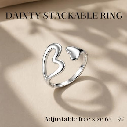 Silver Open Adjustable Stacking Rings for Women, Minimalist Wrap Band Set, Geometric/Heart/Wave/Leaf/Spiral Styles, Hypoallergenic, Gift Box Included, Thumb Ring Option - color: Hollow Heart Cutout
