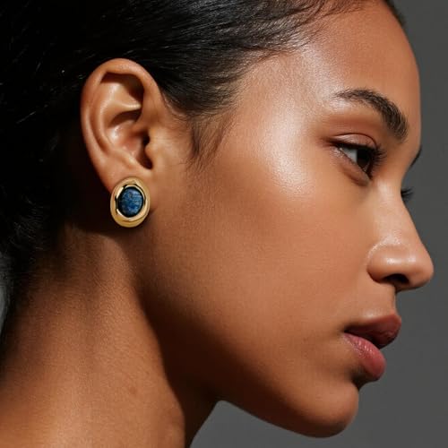 Jean Beau Chunky Gold Stone Stud Earrings for Women, Trendy Natural Gemstone Hypoallergenic Earing Valentine Jewelry Gift - color: Lapis Lazuli