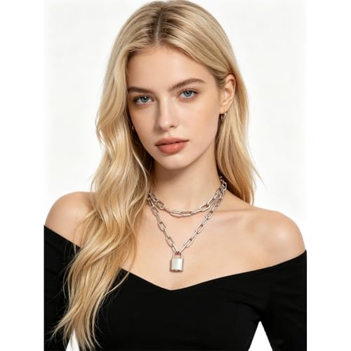 Layered Chunky Gold Silver Necklace Big Cuban Chain Statement Necklace Stacked Punk Chain Choker Necklaces for Women Trendy Jewelry Birthday Gifts - color: 01 Layered Padlock Silver