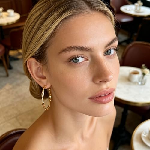Women's Gold and Silver Twisted Hoop Earrings, 14K Gold Plated Textured Earrings, Hypoallergenic Lightweight Fashion Jewelry, Suitable for Daily Wear, Party, Wedding or as a Gift for Women - color: Gold