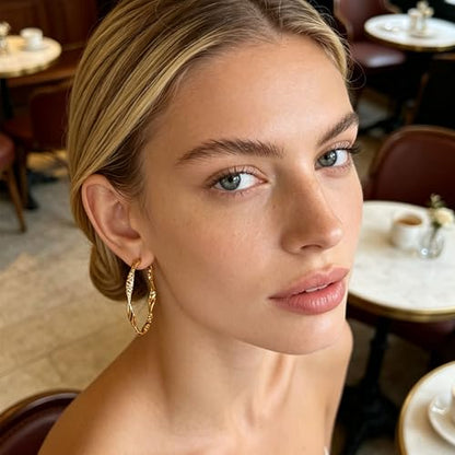 Women's Gold and Silver Twisted Hoop Earrings, 14K Gold Plated Textured Earrings, Hypoallergenic Lightweight Fashion Jewelry, Suitable for Daily Wear, Party, Wedding or as a Gift for Women - color: Gold