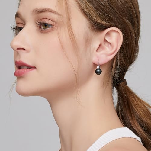 925 Sterling Silver Pearl Leverback Earrings for Women Cubic Zirconia Pearl Jewelry 10MM - color: A: Leverback-Black