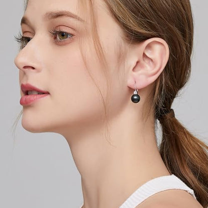 925 Sterling Silver Pearl Leverback Earrings for Women Cubic Zirconia Pearl Jewelry 10MM - color: A: Leverback-Black