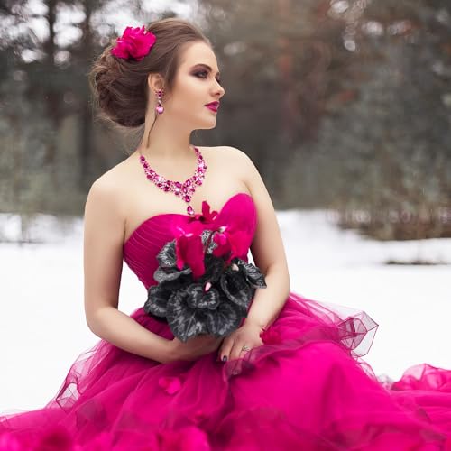 Hicarer Bridal Teardrop Cluster Crystal Jewelry Set for Women Necklace Earrings Wedding - color: Rose Red