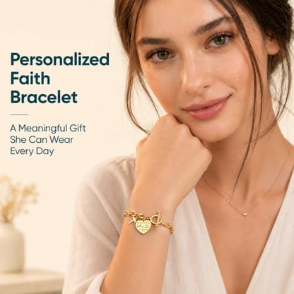 Gamtic Personalized Charm Bracelet for Women, Gold Bracelet with Cross Heart Charms, Bible Verse Christian Bracelet, Custom Engraved Stainless Steel Ot Clasp Bracelet, Faith Gifts Jewelry for Her - color: Proverbs 4:23 / Custom Back