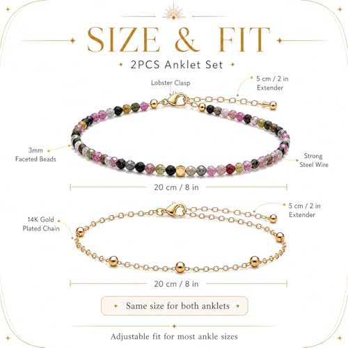 2Pcs Beaded Anklets for Women, Natural Stone Bead Ankle Bracelets with 14K Gold Plated Chain, Waterproof Adjustable Layered Anklet Set, Boho Beach Summer Jewelry Gift - color: Rainbow Tourmaline
