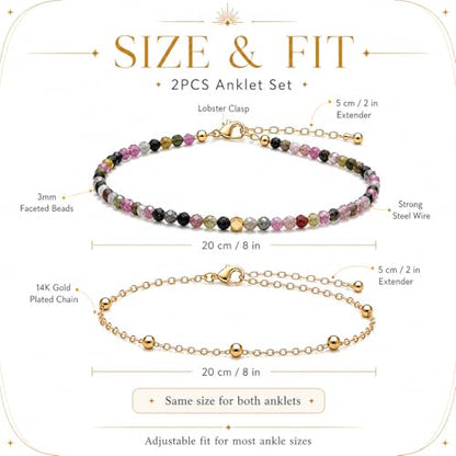 2Pcs Beaded Anklets for Women, Natural Stone Bead Ankle Bracelets with 14K Gold Plated Chain, Waterproof Adjustable Layered Anklet Set, Boho Beach Summer Jewelry Gift - color: Rainbow Tourmaline