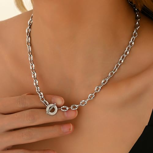 Chunky Gold Necklace for Women, 18K Gold Plated Paperclip, Figaro Link Chain Necklace, Toggle Clasp Necklaces, Trendy Non Tarnish Jewelry, Christmas Gifts - style: 6mm Cable Toggle 16.5''-White Gold