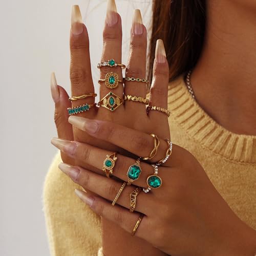 Chunky Gold Rings for Women Non Tarnish, Baroque Pearl Flower Tiger's Eye Stone Rings Adjustable Stacking Statement Rings Set Fashion Jewelry Gifts - style: All Green Set