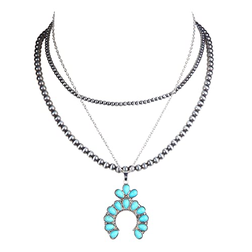 Western Jewelry Navajo Pearl Necklace for Women Handmade Long Boho Turquoise Pearls Layered Necklaces for Cowgirls - color: 2 Pearl Necklaces and 1 Pendant Necklace