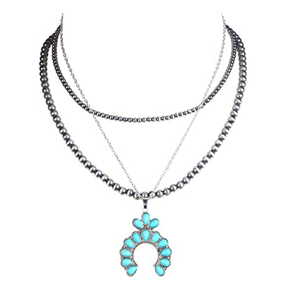 Western Jewelry Navajo Pearl Necklace for Women Handmade Long Boho Turquoise Pearls Layered Necklaces for Cowgirls - color: 2 Pearl Necklaces and 1 Pendant Necklace