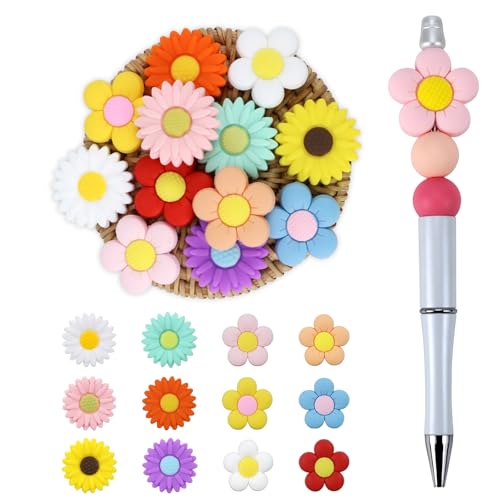 12pcs Flowers Silicone Focal Beads for pens | Focal Beads for Keychain Making,Pens,Bracelet,Necklace Crafts,Bulk Silicone Beads for DIY（Flowers） - color: Flowers