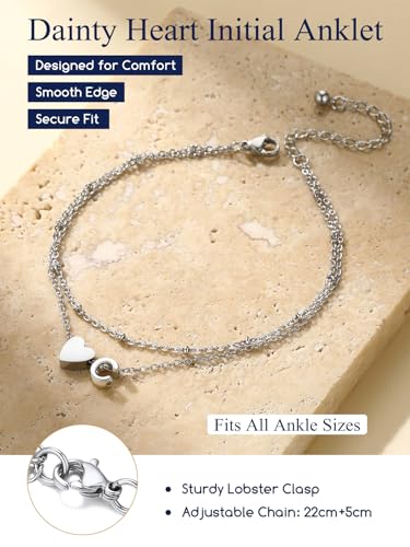 Suplight Initial Ankle Bracelets for Women 14K Gold Plate Waterproof No Tarnish Anklets Layered Heart Letter Anklet Adjustable Plus Size Foot Chain Summer Beach Boho Jewelry Silver Black 8.5-10 Inch - color: Silver, style: 8.H