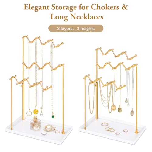 Gold 3-Tier Necklace Holder Organizer Necklace Display Stand with 36 Hooks | Adjustable Jewelry Organizer with Metal Tray, Tall Necklace Tree Rack for for Dresser Small Space, Gift for Women Girl