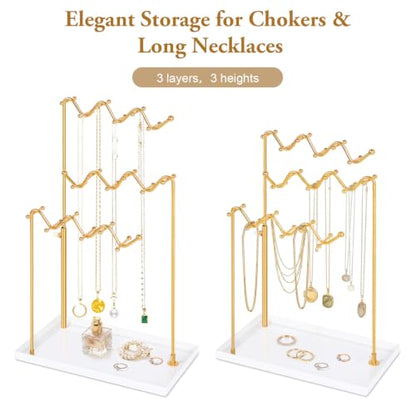 Gold 3-Tier Necklace Holder Organizer Necklace Display Stand with 36 Hooks | Adjustable Jewelry Organizer with Metal Tray, Tall Necklace Tree Rack for for Dresser Small Space, Gift for Women Girl