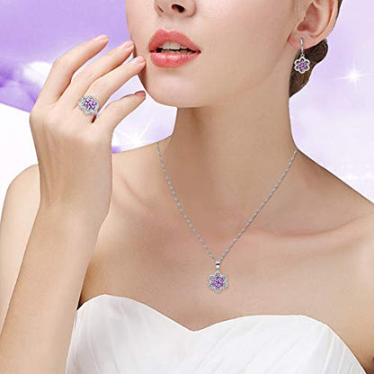 Uloveido Women's Platinum Plated Cubic Zirconia Flower Pendant Necklace Hoop Earrings and Rings Set Crystal Wedding Jewelry T489 - color: Purple