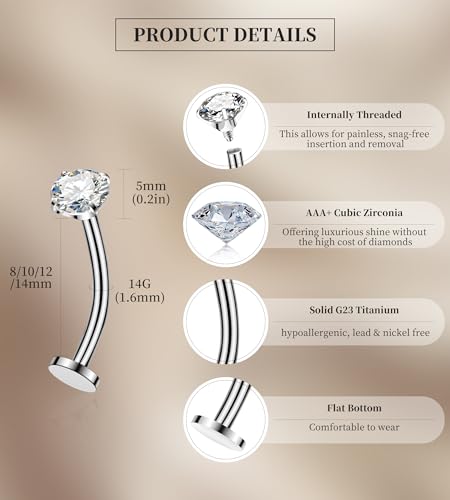 BSJ4U 5 Pcs Titanium Floating Belly Button Rings 14G Hypoallergenic Belly Rings for Women 8mm/10mm/12mm/14mm Internally Threaded Flat Navel Belly Piercing Jewelry - size: 12mm