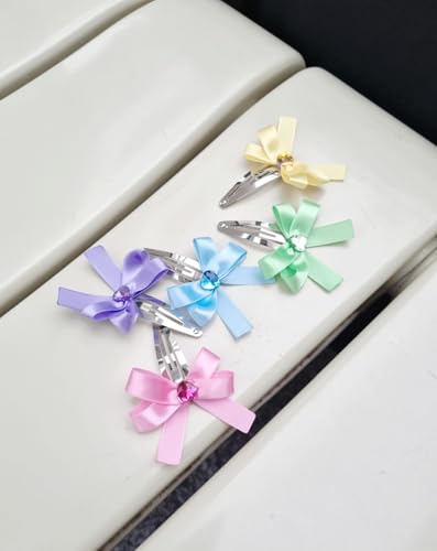 Heart Gem Ribbon Hair Snap Clips with Satin Bow, Multicolor Set of 5, Pink Yellow Green Blue Purple, 2 Inch