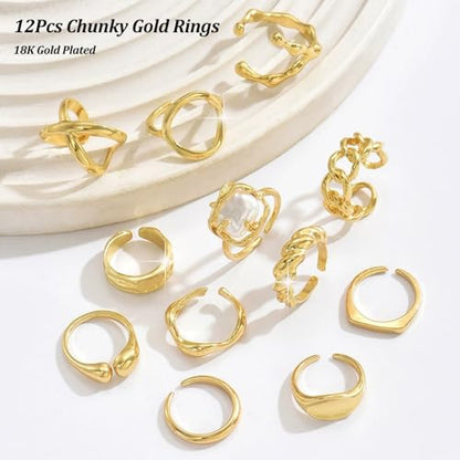 Chunky Stackable Rings Set for Women Non Tarnish Adjustable Open Stacking Knuckle Ring Chunky Joint Finger Midi Rings Pack Dainty Simple Statement Jewelry - style: A-12pcs