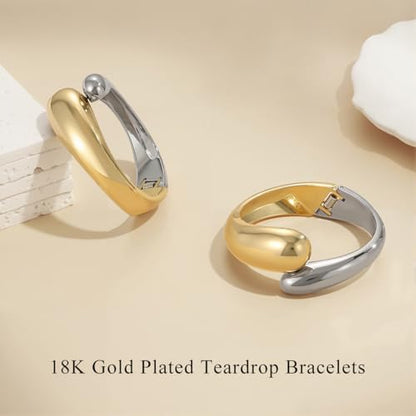 Emibele Cuff Bracelet Stack, 18K Gold-plated Open Bangle Bracelet, Teardrop Hinged Thick Wrist Chunky Bracelet Set for Women, Non Tarnish Jewelry Gift, 2 Pack - color: Gold Sliver