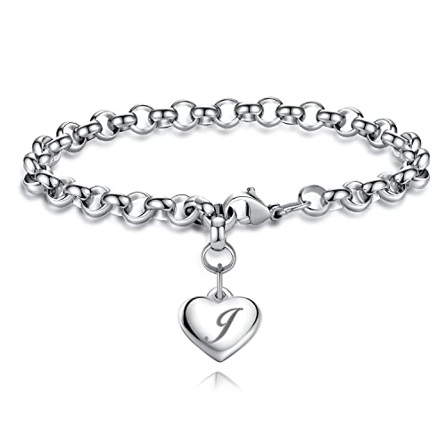 TONY & SANDY Initial Charm Bracelets for Girls Women Stainless Steel A-Z Bracelet Personalized Gifts Birthday Graduation Easter Basket Stocking Stuffers for Teens Girls Women Jewelry - style: J - Heart