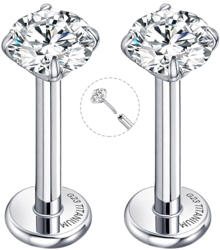 Threadless Flat Back Earrings for Tragus, Helix, Conch, Daith, Cartilage Piercings - G23 Titanium Flatback Stud Earrings with Grade AAAAA Cubic Zirconia - Threadless Flat Back Nose Stud Push Pin Ring Earring Studs (18g, 16g, 20g - 6mm, 8mm) - color: Silve