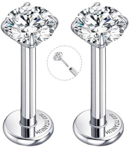 Threadless Flat Back Earrings for Tragus, Helix, Conch, Daith, Cartilage Piercings - G23 Titanium Flatback Stud Earrings with Grade AAAAA Cubic Zirconia - Threadless Flat Back Nose Stud Push Pin Ring Earring Studs (18g, 16g, 20g - 6mm, 8mm) - color: Silve